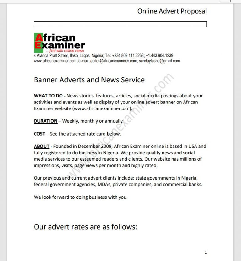 Our Advert Rates | African Examiner